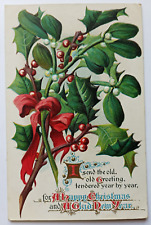 Antique 1921 Happy Christmas And New Year Embossed Holly Leaves Posted Postcard picture