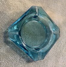 Vintage MCM Bright Blue Square Glass Ashtray 3.5” picture
