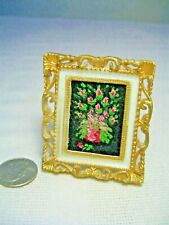 VINTAGE MINIATURE FRAMED PLASTIC EASEL VELVET PICTURE with PINK FLOWERS picture