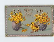 Postcard Flowers and Chick Art Print Greeting Holiday Card A Happy Easter picture