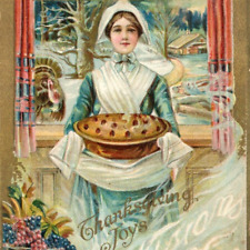 c.1910 Thanksgiving Postcard Pilgrim Woman Fruit Pie Cooked Turkey Visions Past picture