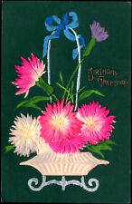 Beautiful PFB Basket FLOCKED PINK & WHITE MUMS Flowers~Antique NOVELTY Postcard picture