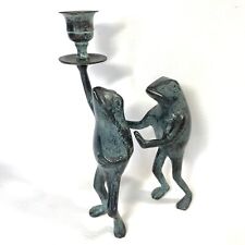 Vintage Solid Metal Brass Patina Congo Dancing Frogs Candle Stick Holder Heavy picture
