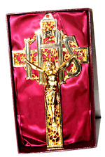VINTAGE GOLD TONE METAL IHS HANGING CRUCIFIX  CATHOLIC ICON RELIC picture