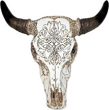 Tribal Carved White Bull Steer Cow Skull Wall Hanging Western Cabin Lodge Decor picture