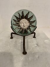 Vntg Antique Wrought Iron And Glass Block Sun Man Candle Holder RARE See Photos picture