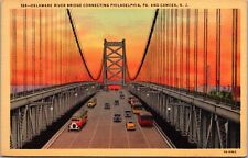 Delaware River Bridge Trolley Tracks Buses Cars 1933 Teich Linen Postcard NJ PA  picture