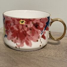 Anthropologie Ceramic Pink Floral Gold Handled Mug Peonies picture
