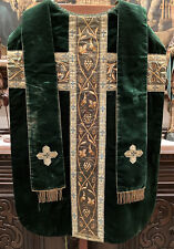 Antique Vtg Catholic Church Chasuble Vestment Green Velvet w Stole 2 Pcs picture