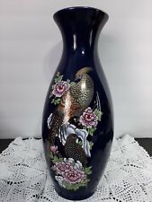 Vintage 12 in Cobalt Blue Vase Gold Birds Floral Design Ceramic Japanese picture