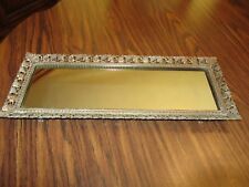 Vintage Filigree Gold Tone Footed Framed Rectangle Vanity Tray Mirror 16x6.5 picture