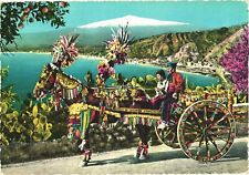 Man And Woman Riding A Very Colorful Sicilian Cart, Sicily, Italy Postcard picture
