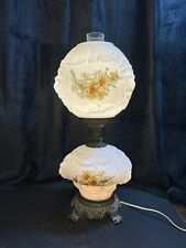 GWTW Hurricane Lamp Vintage Embossed LION Head  3 Way Milk Glass Floral HEDCO NY picture