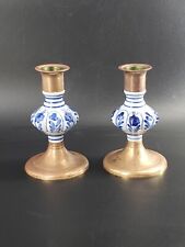 Solid Brass & Porcelain Blue on White Taper Candleholders, by Jehvani, Thailand  picture