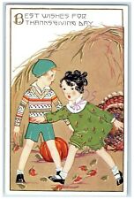 c1910's Thanksgiving Day Turkey Chasing Children Pumpkin Antique Postcard picture