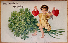 Vintage Victorian Postcard 1909 To Hearts in Sympathy - Cupid & Shamrocks picture