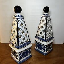 Bombay Set of 2 Blue and White Porcelain Candle Holders Lattice Cut FOUR Pieces picture