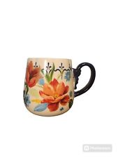 Pioneer Woman Floral Peony Orange Poppy Stoneware Coffee Mug Tea Cup Blue Handle picture