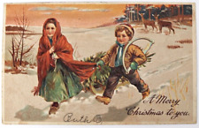 c1907 Paul Finkenrath Christmas Postcard w/Kids Collecting a Christmas Tree picture