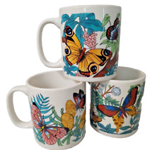 Set 3 Vintage Coffee Mugs Butterfly Flowers Imported McCrory Stores picture