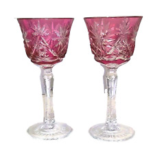 2 Czech Bohemian Red Cut to Clear Crystal Wine Glasses, Faceted Stem picture