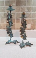 2 Brass Verdigris PartyLite Candlesticks Ivy Leaf Green Gold Patina Taper Candle picture