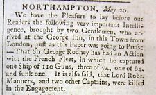 1782 Revolutionary War newspaper 1st report NAVAL BATTLE ofTHE SAINTES Caribbean picture