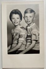 1940s RPPC Sister and Brother in knit sweaters, smiling; Real Photo Postcard picture