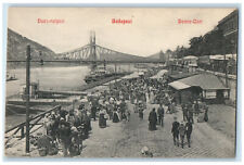 c1910 Donau-Quai Duna-rakpart Budapest Hungary Crowd Market Bridge Postcard picture
