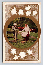 Antique Romance Postcard Woman Man Fence Cows Courting St Louis MO 1907 Big Hat picture