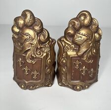 Ceramic Bookends Vintage Set of 2 Medieval Armor Knight Brown Gold 8” picture