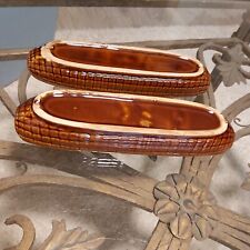 Pair Of Vintage Brown Ceramic Corn on the Cob Dishes picture