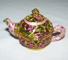 Enameled Tiny Teapot Hinged Flower Trinket Box picture