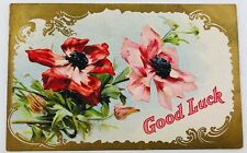 Vintage Embossed Good Luck Postcard Pink Anemone Flower Gold Trim Early 1900s  picture