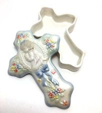 First communion Baptism Rosary porcelain keepsake cross box praying girl floral picture