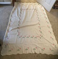 1950s Vintage Embroidered Flower Tulip Linen Tablecloth 75x55 Rectangular 75
