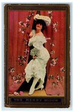1909 The Merry Widow Pretty Girl Dress White Floral Curtain Antique Postcard picture