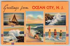 1941 GREETINGS FROM OCEAN CITY NJ BATHING BEAUTIES SAILBOAT CURT TEICH POSTCARD picture