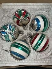 Vintage Set Of 5 Made In Poland Glass Ornaments Indents And Balls Silver Striped picture