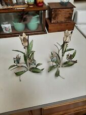 Vintage Chippy Italian Tole Metal Blue Tulips Taper Candle Holder Set Old Estate picture