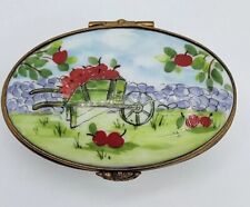 Limoges Rochard France Oval Apple Orchard Wagon Tree Farm French Trinket Box picture