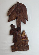 Two Hand carved wall  art Teak WOOD  MAN at hut  climbing  coconut tree  17
