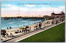 Redondo Beach California 1940s Postcard Bath House And Pier Bathers Beach Ocean picture