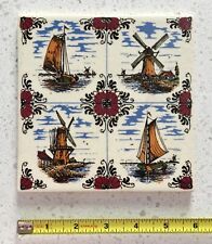 Vintage 6 Inch Windmills and Sailboats Crackle Finish Tile Made in W. Germany picture