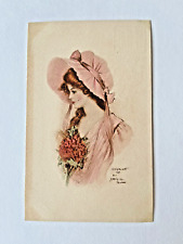 Antique Vintage ARCHIE GUNN Postcard Beautiful Woman Lady in Bonnet Hat Flowers picture