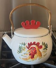 Vintage White Enamelware Tea Kettle w/ Hand-Painted Rooster w/ Red Plastic Comb picture