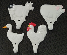 Porcelain Wall hanging hooks White Ceramic Rooster Cow Pig duck - Vintage Japan picture