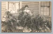 Woman Posing Behind Ferns RPPC Antique House Lace Curtains Photo Postcard 1910s picture