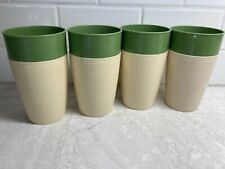 4 Vintage Raffiaware Thermo Temp Drink Tumblers Cream & Green Ribbed 5.25hx3W picture
