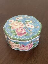 Takahashi Cloisonne Porcelain Trinket Box Round Blue Floral VTG 1981 picture